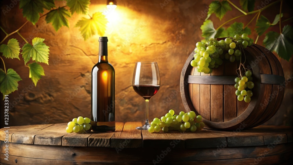 Fototapeta premium A Still Life Featuring a Bottle of Wine, a Glass of Red Wine, and Bunches of Grapes Resting on a Wooden Barrel in a Rustic Wine Cellar Setting