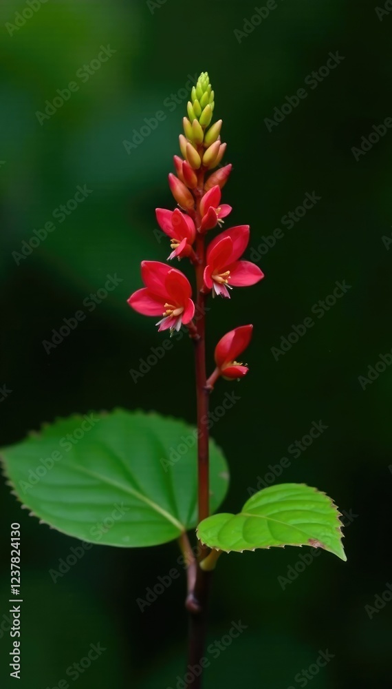 Long stem of Crocosma Lucifer flower on black branch with green leaves, leafy greens, plant details, nature photography Long stem of Crocosma Lucifer flower on black branch with green leaves, leafy greens, plant details, nature photography