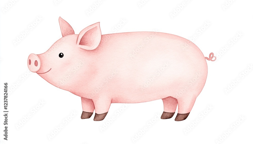 Cute pink pig illustration standing on a white background, showcasing its rounded body and cheerful expression Cute pink pig illustration standing on a white background, showcasing its rounded body and cheerful expression