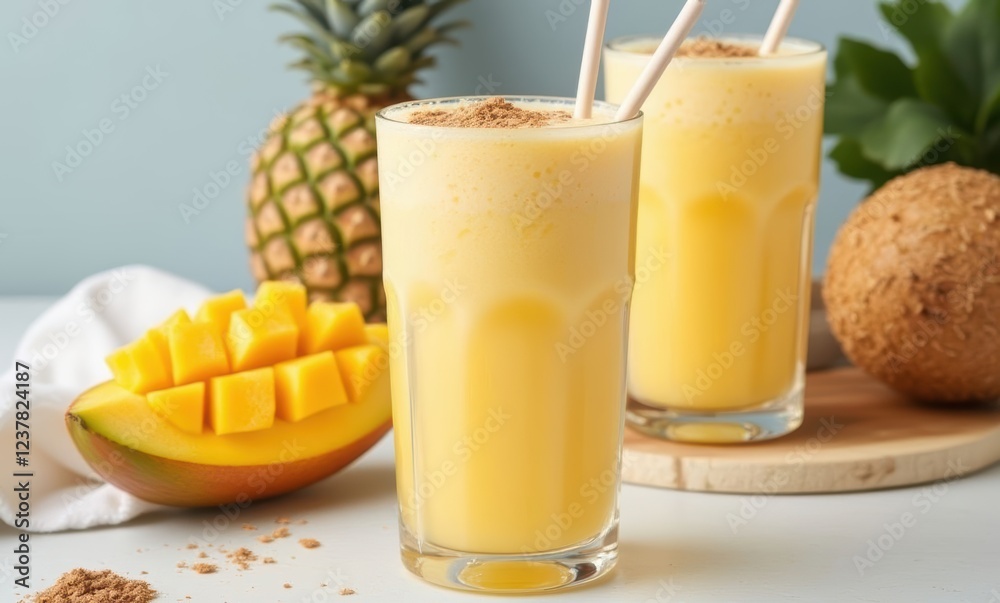 Refreshing tropical smoothie in two glasses Refreshing tropical smoothie in two glasses