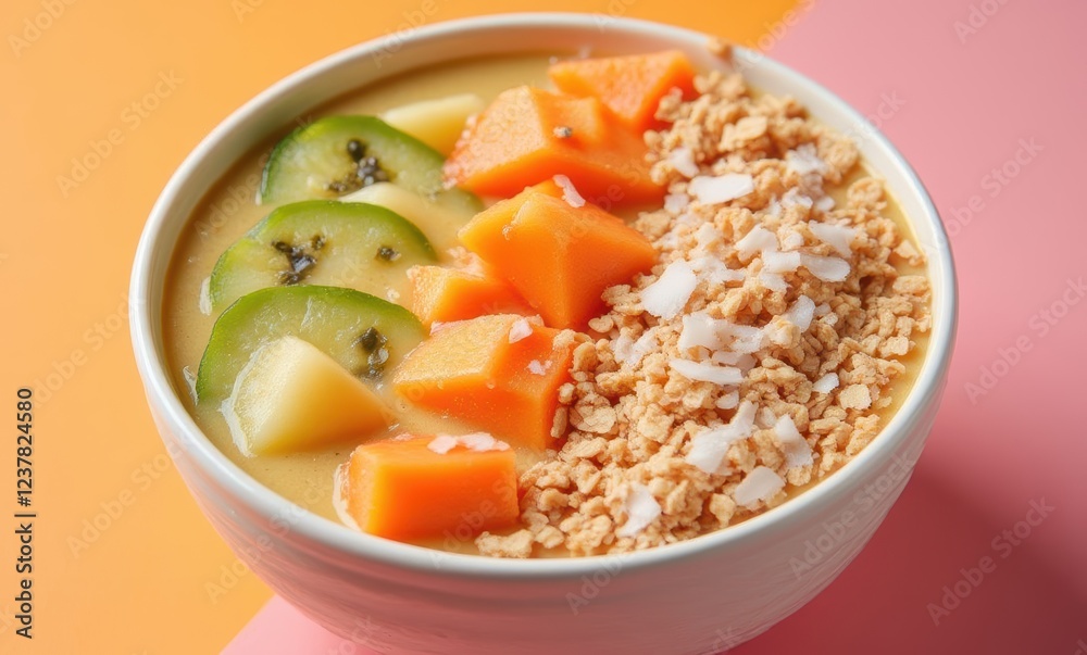 Delicious fruit smoothie bowl with toppings Delicious fruit smoothie bowl with toppings