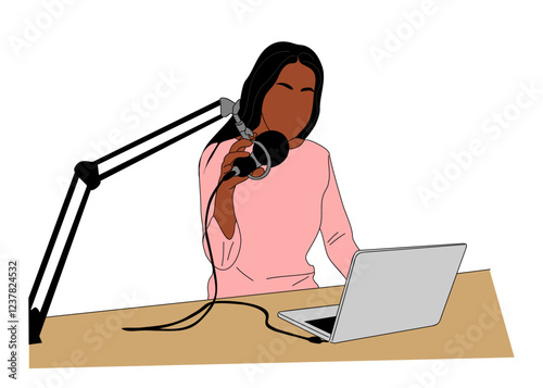 Young woman recording podcast, radio broadcast. Online audio streaming from studio. Outline hand drawn colored vector illustration isolated on transparent background