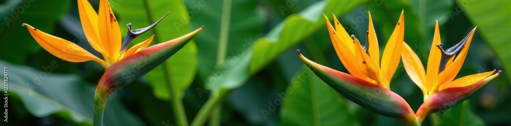 Tropical banana flowers with unique orange and yellow colors against a backdrop of green leaves, nature, tropical Tropical banana flowers with unique orange and yellow colors against a backdrop of green leaves, nature, tropical