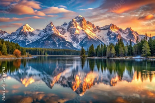 Snowy mountain range at sunset with majestic peaks and serene lake, serene, panoramic