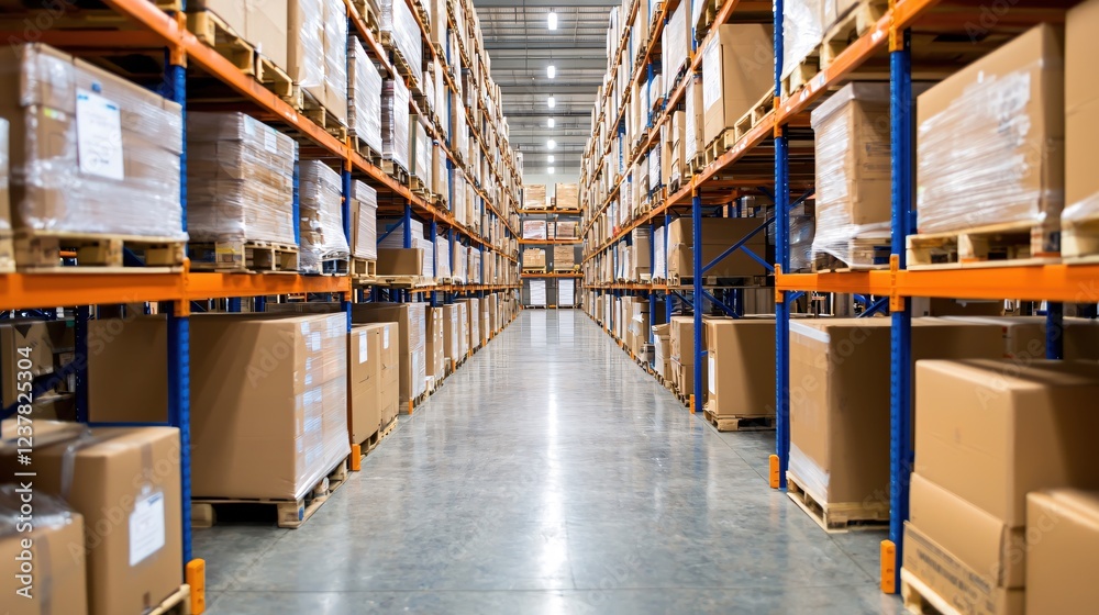 Extensive Warehouse Rows Filled with Cardboard Boxes on Shelving Units