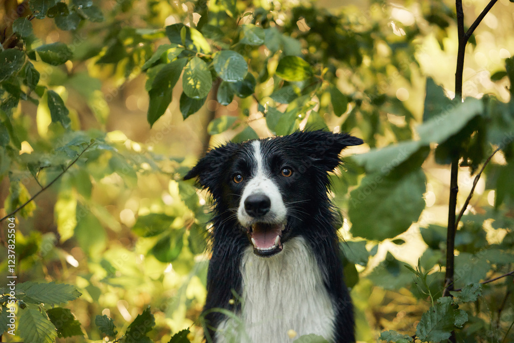 Fototapeta premium A Border Collie peeks through lush forest leaves with a curious and playful expression. The natural backdrop and soft lighting create a serene and engaging scene.