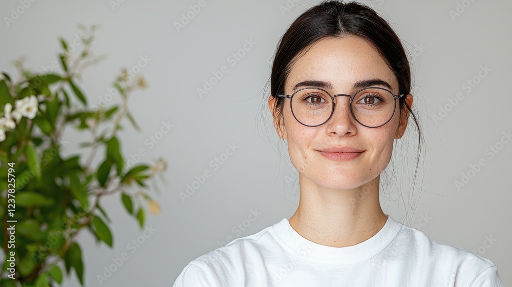 Woman wearing glasses smiles indoors, plant background. Portrait for website Woman wearing glasses smiles indoors, plant background. Portrait for website
