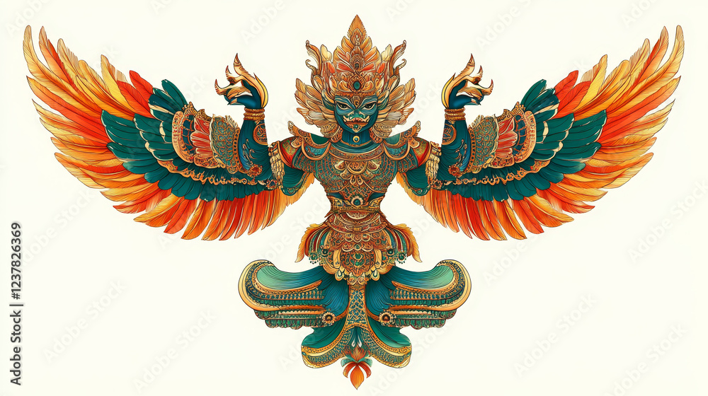 King of Garuda Krut lord with wings isolated color line icon. Vector traditional buddhism sculpture with wings, heraldry sign. Lord Thailand culture deity. Golden souvenir in shape of Thai statue King of Garuda Krut lord with wings isolated color line icon. Vector traditional buddhism sculpture with wings, heraldry sign. Lord Thailand culture deity. Golden souvenir in shape of Thai statue
