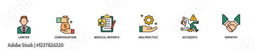 Personal injury law icon set flow process which consists of malpractice, empathy, accidents, medical reports, compensation, lawyer icon live stroke and easy to edit .