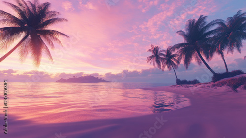 Palm trees lining the sandy beach. Pink and purple summer landscape. 3D rendering.