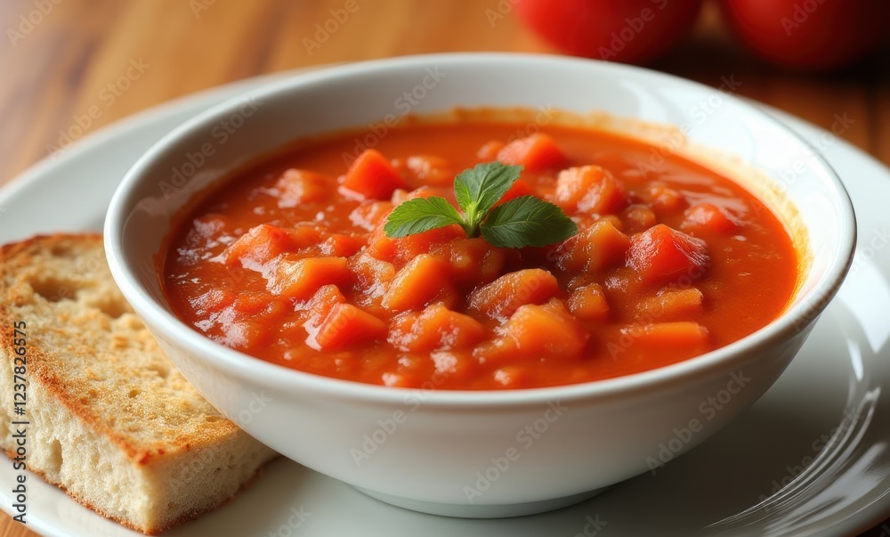 Delicious tomato soup with bread slice Delicious tomato soup with bread slice