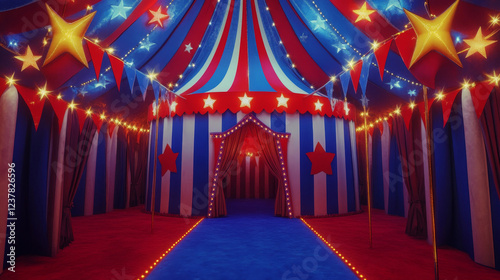 Vintage red striped circus tent in red, blue and white colors with flags on the top and stars over the entrance, for carnival or entertainment design