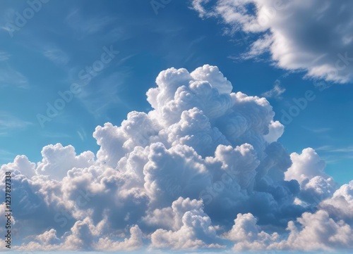 Softly rounded cumulus clouds floating gently on the tranquil surface of a brilliant blue sky , soft focus , playful atmosphere