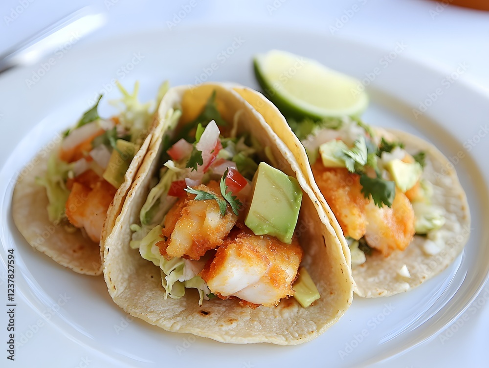 Delicious shrimp tacos served with fresh avocado, lettuce, and pico de gallo on a white plate, garnished with lime. Delicious shrimp tacos served with fresh avocado, lettuce, and pico de gallo on a white plate, garnished with lime.