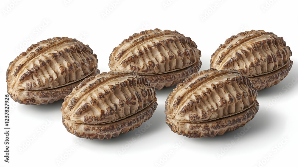 Five carved nuts, studio shot, white background, food photography Five carved nuts, studio shot, white background, food photography