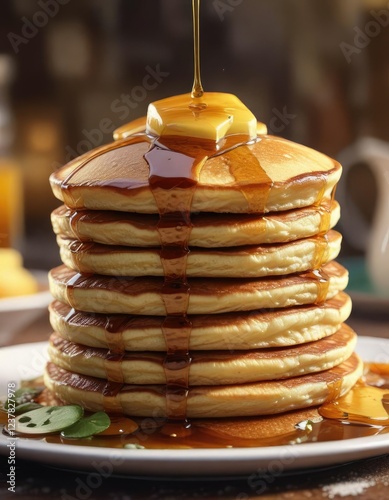 Stacked pancakes with a generous helping of syrup on top, glistening with dew , pancake, syrup, food photo