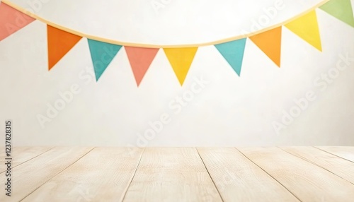 Colorful triangular bunting decoration hanging above a wooden table, creating a festive atmosphere