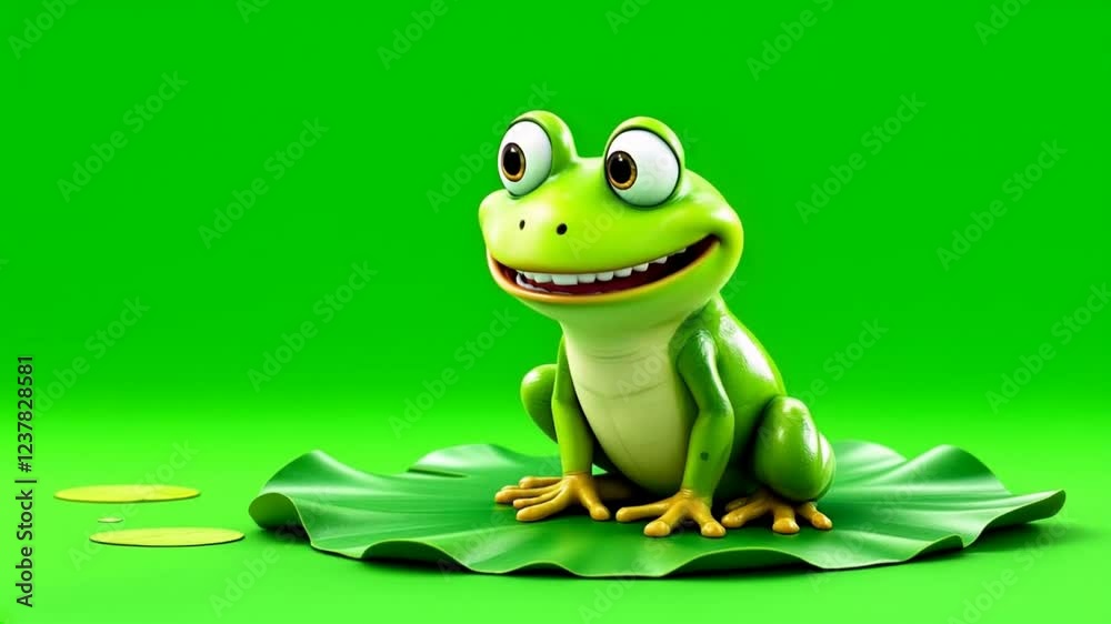 Happy frog sits on lily pad, green background, illustration