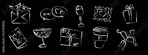 Set of hand drawn love elements for wedding, Valentine's Day card, sticker, stamp design. Vector hand drawn sketch style.