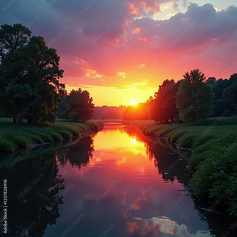 Obraz premium Sunset over still river with trees in foreground, calm, cloud, landscape