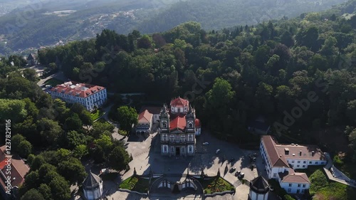 
Bom jesus do monte surrounded by lush forest in northern portugal - aerial photo