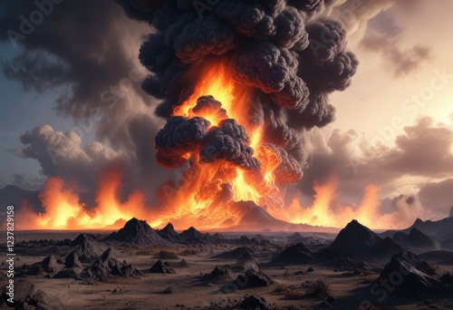 Swirling clouds of ash and gas erupt from the ground in a violent volcanic explosion, geology, explosion, fire