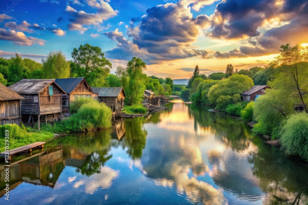 Serene Sunset Over River with Rustic Wooden Houses Reflecting in Calm Waters Serene Sunset Over River with Rustic Wooden Houses Reflecting in Calm Waters