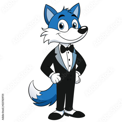 A wolf in a black-and-blue tuxedo with silver cufflinks