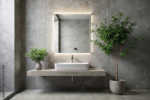 Modern minimalist bathroom design featuring a sleek illuminated mirror, a rectangular undermount sink on a floating concrete vanity, and two potted plants adding a touch of nature
