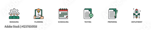 Release management icon set flow process which consists of managing, planning, scheduling, building, testing, preparing and deployment icon live stroke and easy to edit .