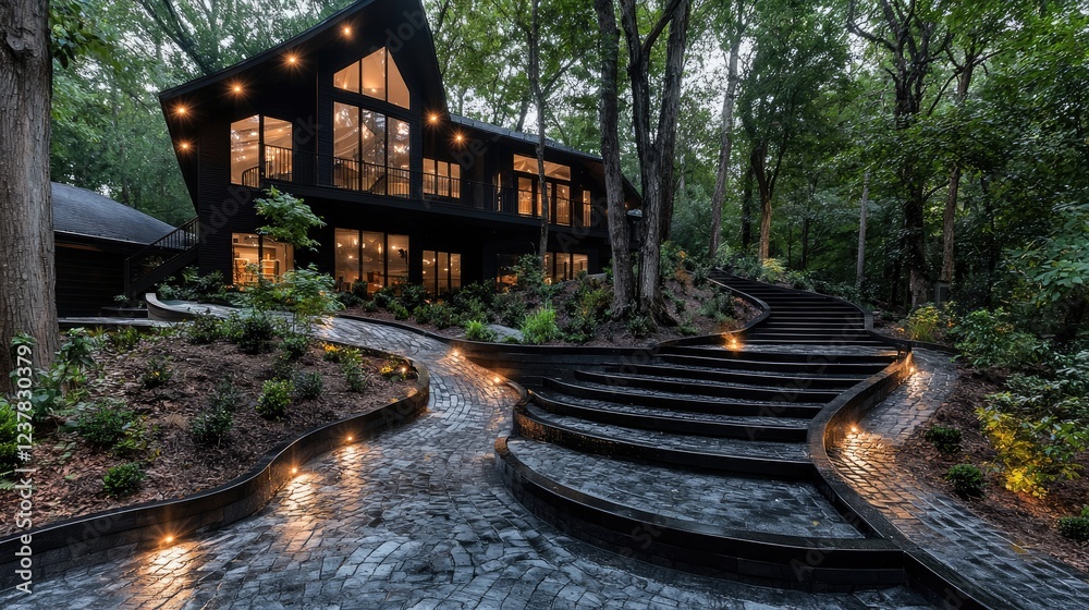 Fototapeta premium Modern black house, wooded landscape, winding path, evening lighting, architectural design