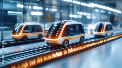 Futuristic Autonomous Vehicles Glide on Modern Transport System photo