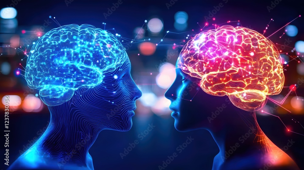 Fototapeta premium Two Illuminated Brains Connected Mind Neural Network Abstract Art