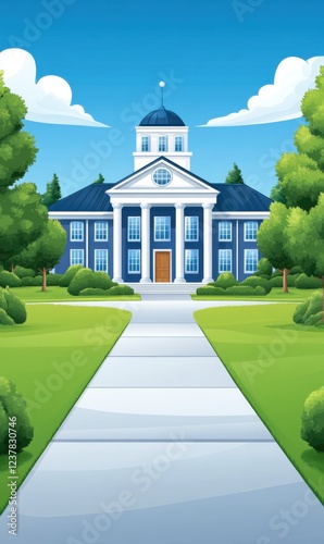 Colorful and Cheerful Illustration of Classic Building Surrounded by Lush Greenery and Vibrant Blue Sky