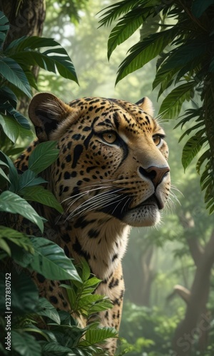 The large jungle leaves conceal a leopard's head as it observes its surroundings, foliage, camouflage, nature