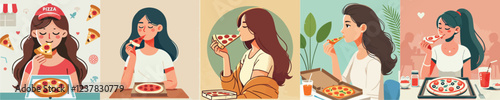 vector set of women eating pizza