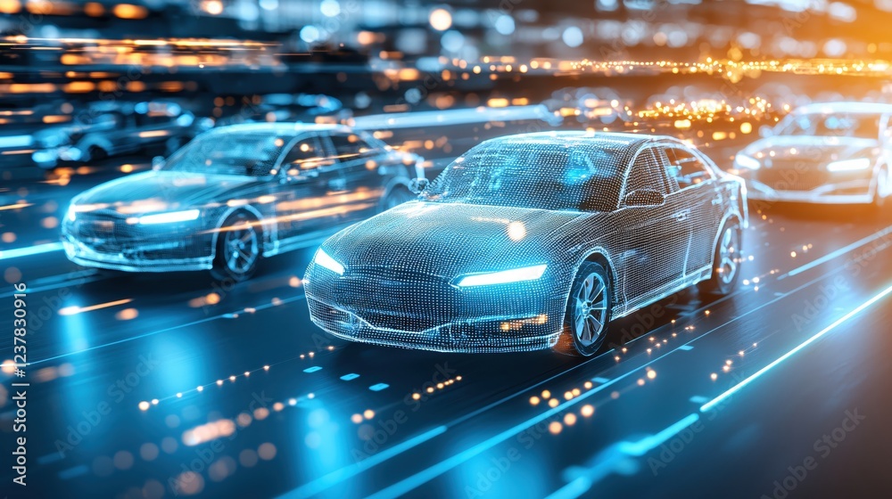Futuristic Wireframe Cars Driving on Smart Highway at Night Futuristic Wireframe Cars Driving on Smart Highway at Night