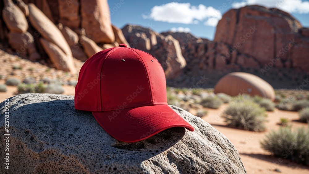 product presentation, summer a baseball cap, sample, pedestal, beautiful landscape, stone podium in the mountains hat product presentation, summer a baseball cap, sample, pedestal, beautiful landscape, stone podium in the mountains hat