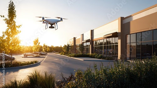 Drone Flight over Modern Shopping Center Sunset Aerial View