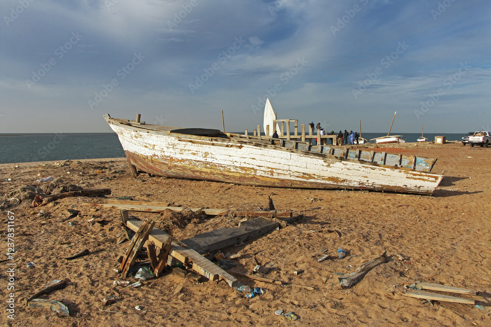The vintage boat in the small village of fisherman in Banc d'Arguin National Park, Mauritania, West Africa