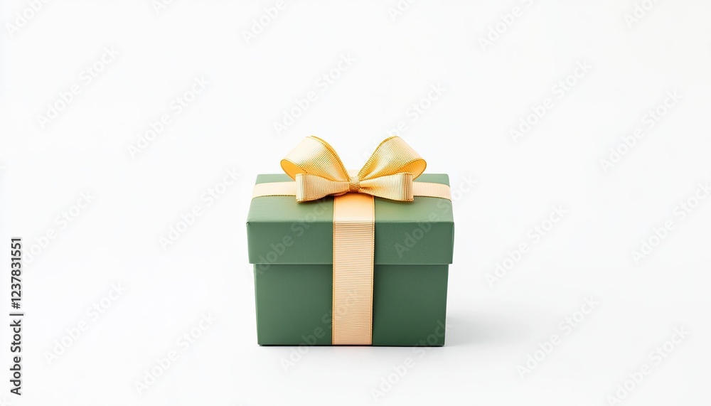 Elegant green gift box with a golden ribbon on a clean white background, perfect for celebrations Elegant green gift box with a golden ribbon on a clean white background, perfect for celebrations
