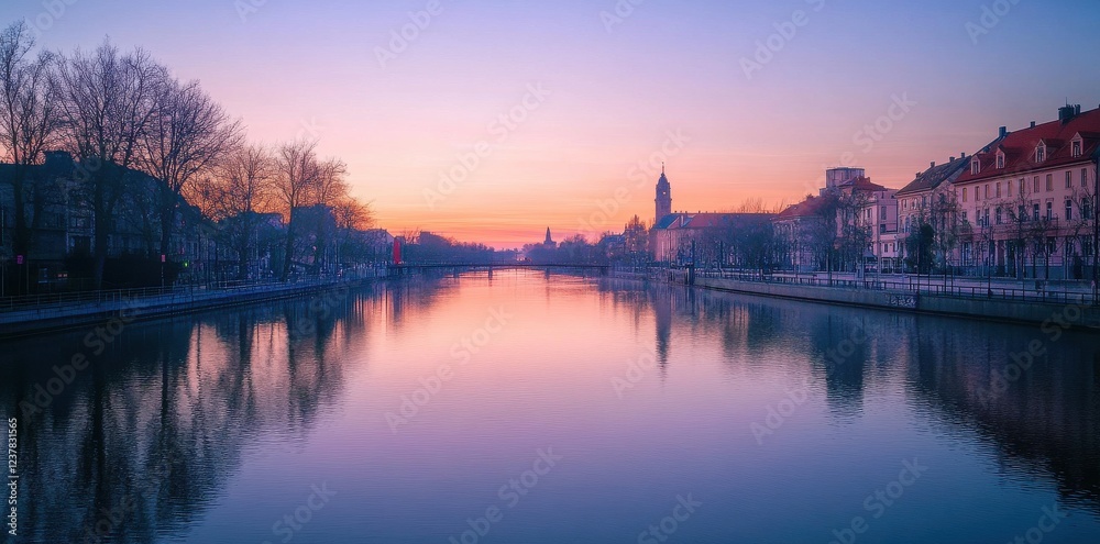 A serene river scene at dawn, featuring reflections of buildings and trees under a soft pastel sky. A serene river scene at dawn, featuring reflections of buildings and trees under a soft pastel sky.