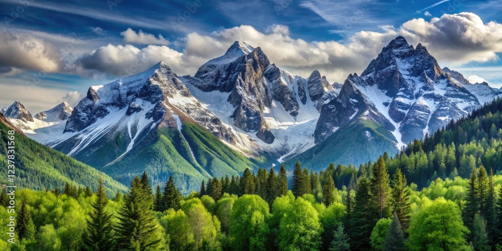 Fototapeta premium Towering mountain peaks with snow-capped summits and lush green forests below, hiking, wilderness, snowfall