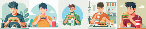vector set of young men eating burgers