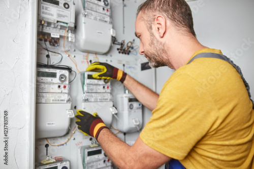 Technician working on a electricity power meter station in a building.