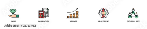 Revaluation icon set flow process which consists of value, calculation, upward, adjustment and exchange rate icon live stroke and easy to edit .