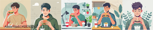 vector set of young men eating burgers
