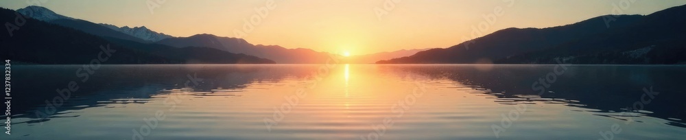 Calm and clear waters of a peaceful lake at sunrise, peaceful, tranquil