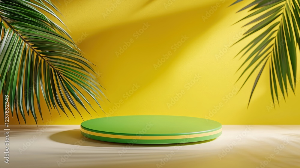 Obraz premium Summer Green Product Display Platform Tropical Palm Leaves Yellow Background