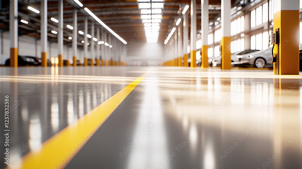 Fototapeta premium Modern Car Showroom Interior Design Clean Lines Bright Lighting Spacious Parking Area